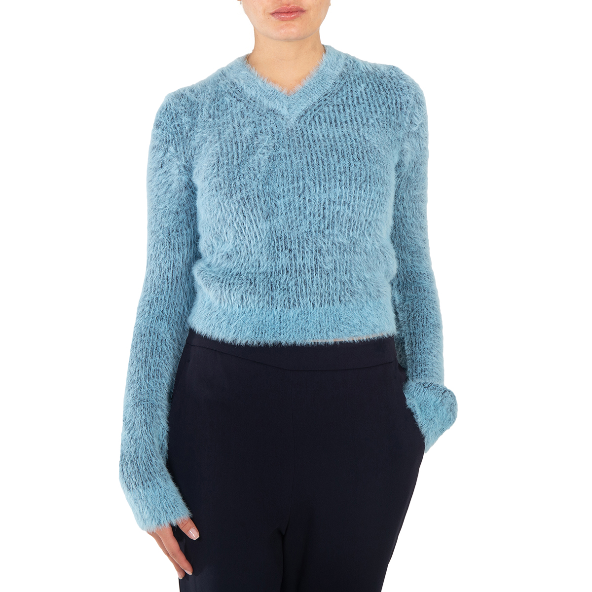 Blue Brushed Effect Ribbed Knit Jumper