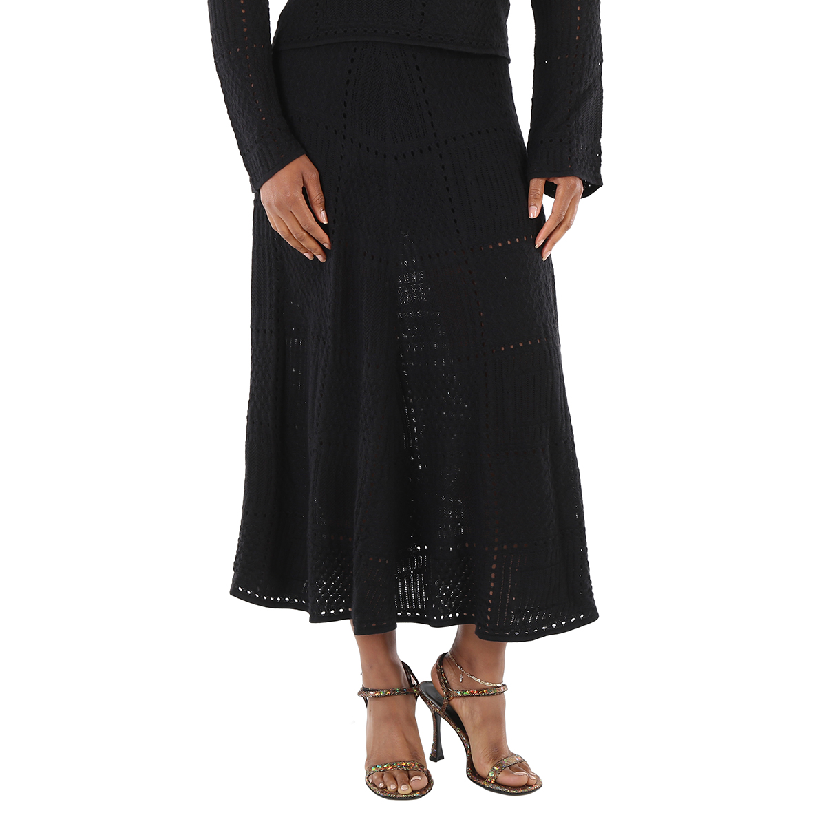 Chloe Black Full Kniited Midi Skirt, Size Small