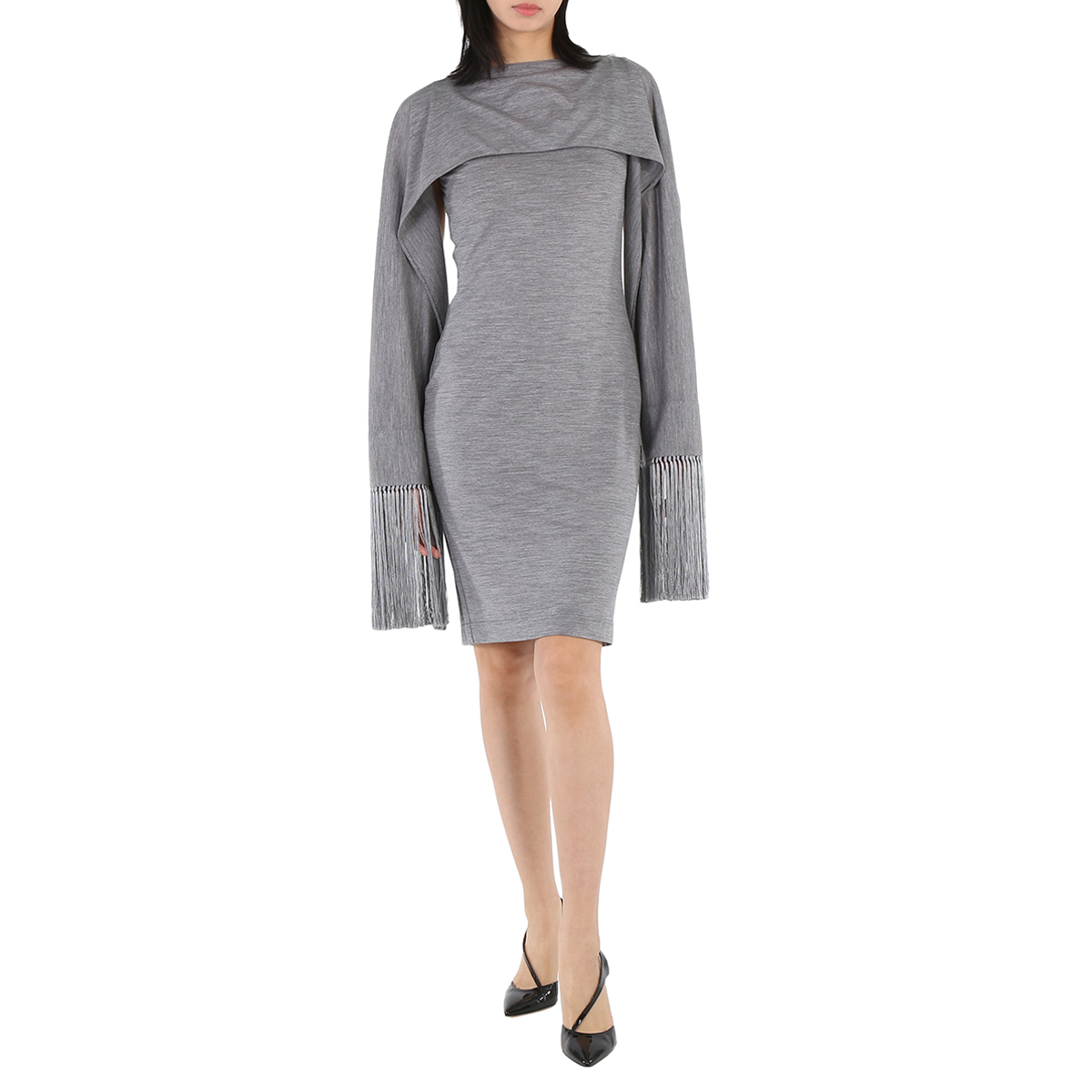 Cloud Grey Merino Wool Sleeveless Dress With Fringed Capelet